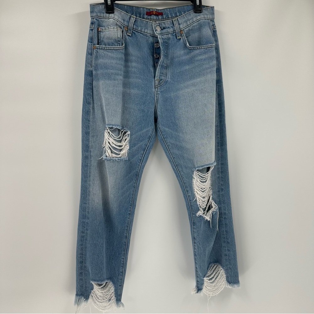 7 For All Mankind Womens Destroyed Button Fly Denim Cropped Jeans Sz 28 - Picture 2 of 12
